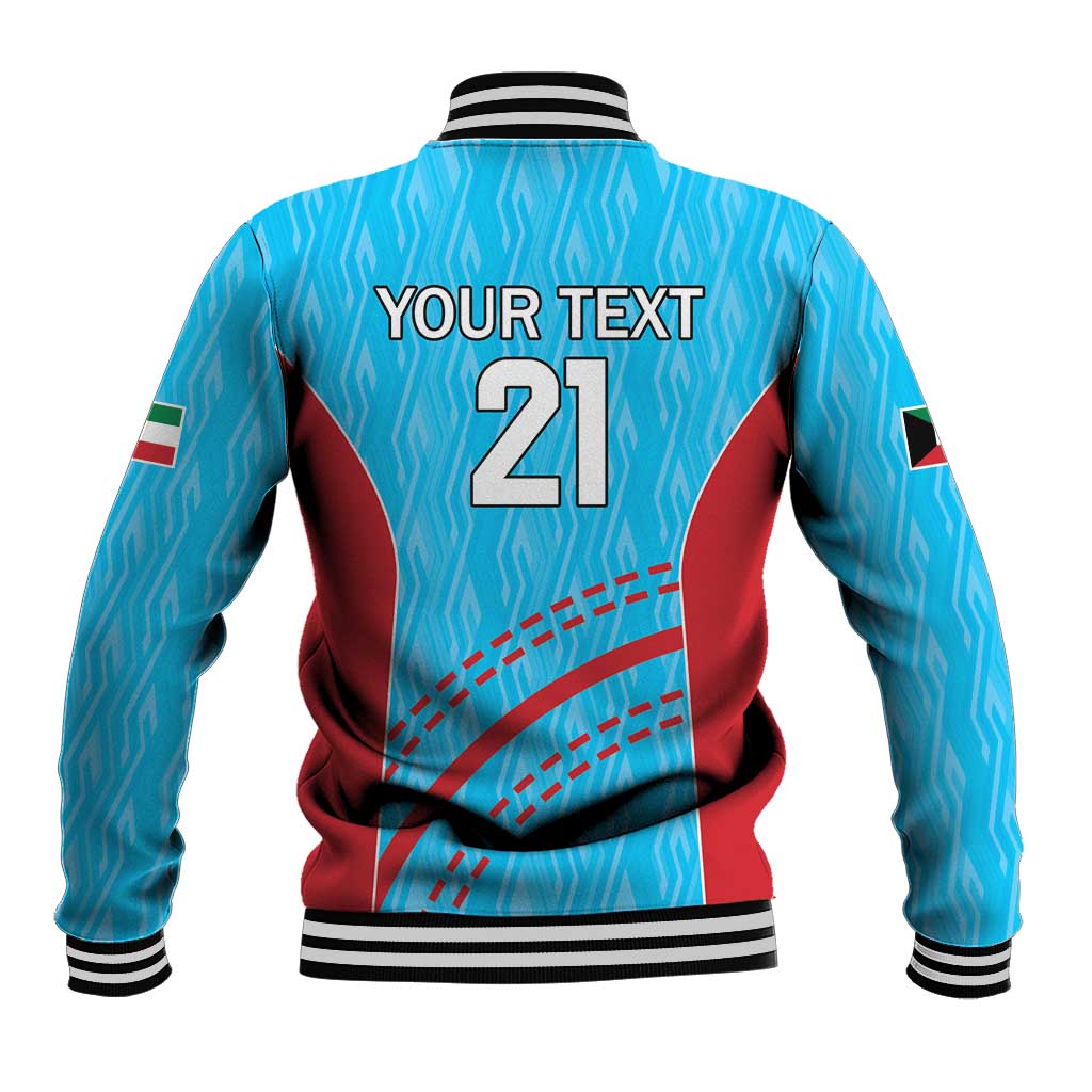 Blue varsity baseball jacket back graphic 'YOUR TEXT' and number 21, striped ribbed hem