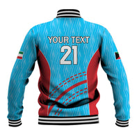 Blue varsity baseball jacket back graphic 'YOUR TEXT' and number 21, striped ribbed hem