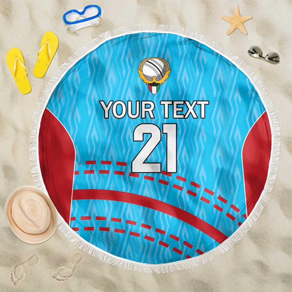 Blue round cricket beach blanket with white fringe, 'Your Text 21' sporty pattern.