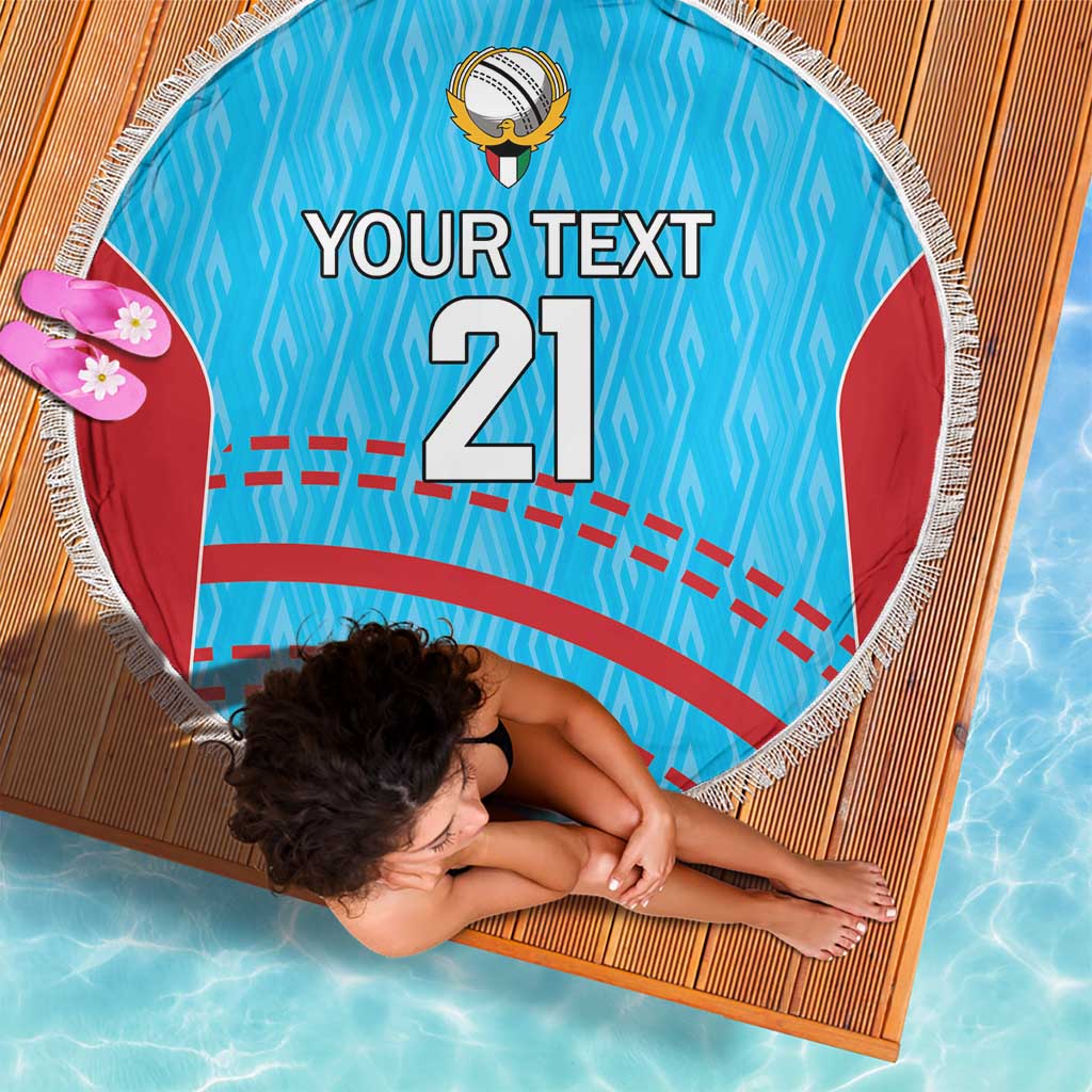 Blue round cricket beach blanket with white fringe, 'Your Text 21' and red curved stripes.