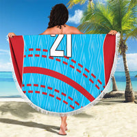 Blue round cricket beach blanket with white fringe, 'Your Text 21' held open on beach.