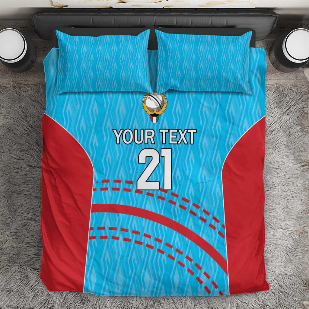 Cricket bedding set with blue patterned duvet, red side panels, 'YOUR TEXT 21' graphic