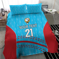 Cricket duvet and pillow set in blue with red panels, 'YOUR TEXT 21' printed center