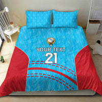 Cricket-themed bedding set with blue geometric pattern, red sides, 'YOUR TEXT 21' text