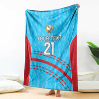 Blue blanket with red side panels, crest icon, 'YOUR TEXT' and large '21' on zigzag