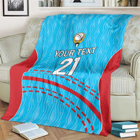 Blue cricket blanket with red side panels, crest icon, 'YOUR TEXT' and '21' zigzag