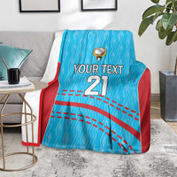Blue cricket blanket with red trim, crest icon, 'YOUR TEXT' and '21' centerpiece