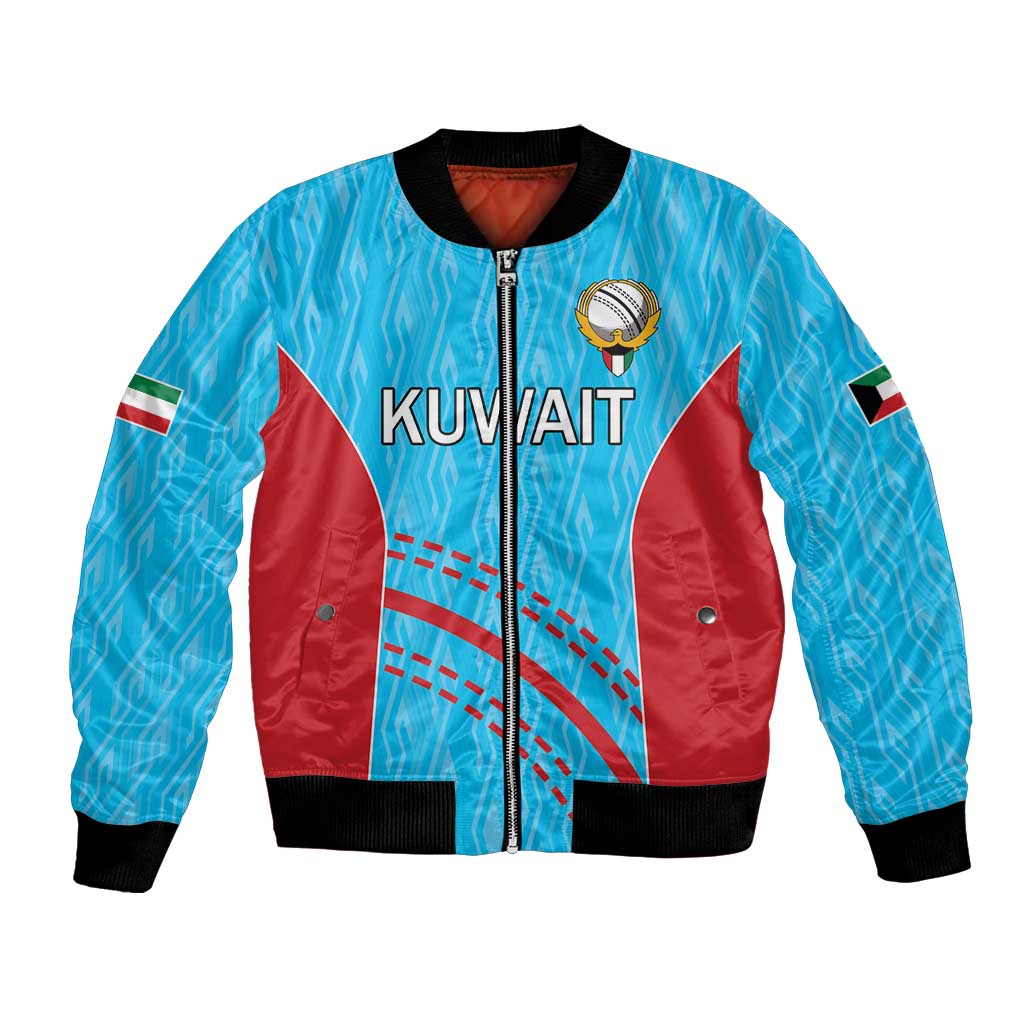 Blue unisex bomber jacket with Kuwait flag accents, front zipper, ribbed black cuffs