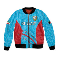 Blue unisex bomber jacket with Kuwait flag accents, front zipper, ribbed black cuffs