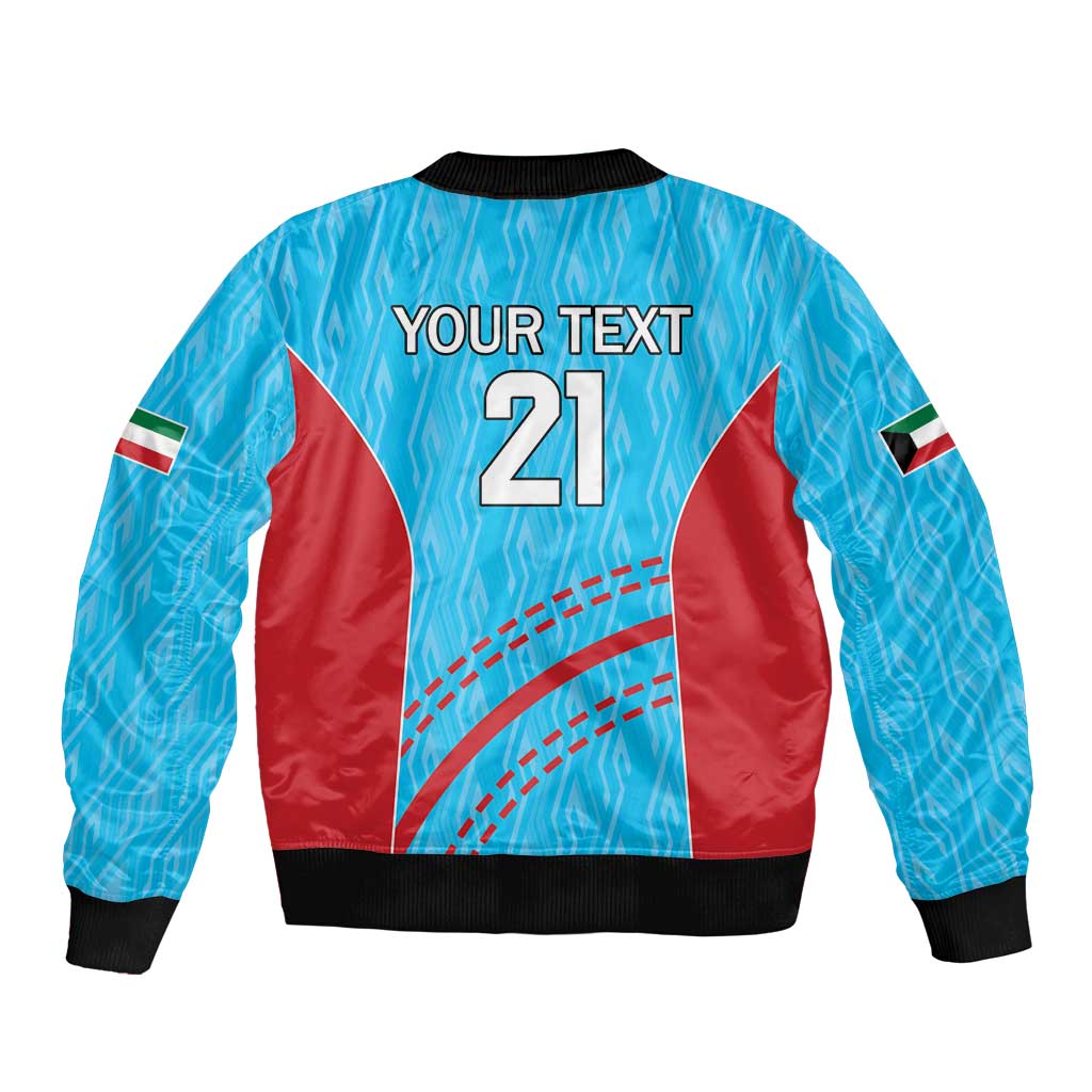 Blue unisex bomber jacket, back print with your text 21, Kuwait flag sleeves, ribbed hem