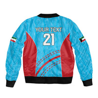 Blue unisex bomber jacket, back print with your text 21, Kuwait flag sleeves, ribbed hem