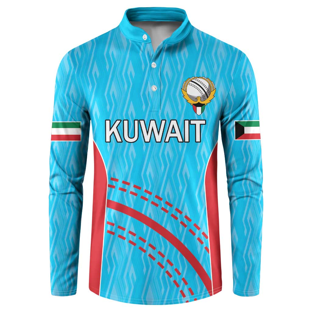Blue button-front cricket sweatshirt with Kuwait graphic, long sleeves and flag patch cuffs