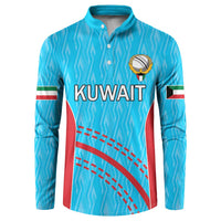Blue button-front cricket sweatshirt with Kuwait graphic, long sleeves and flag patch cuffs