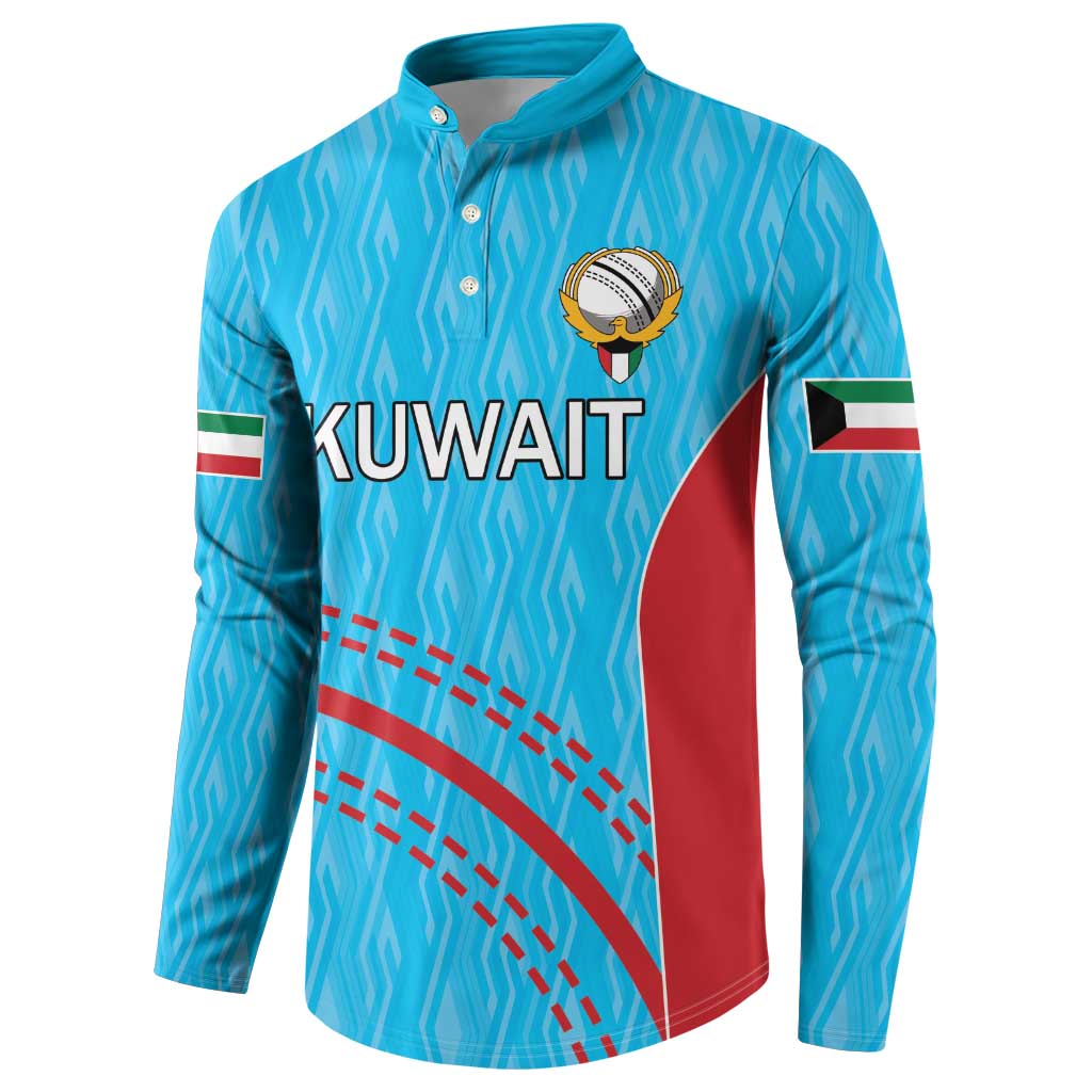 Blue button-front cricket sweatshirt with Kuwait text, crest logo on chest, flag sleeve