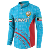 Blue button-front cricket sweatshirt with Kuwait text, crest logo on chest, flag sleeve