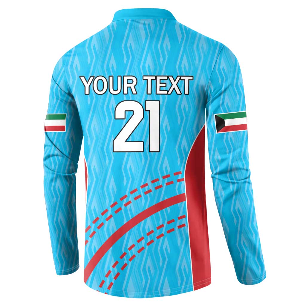 Blue back view cricket sweatshirt with YOUR TEXT 21 and red curved graphic, flag cuffs