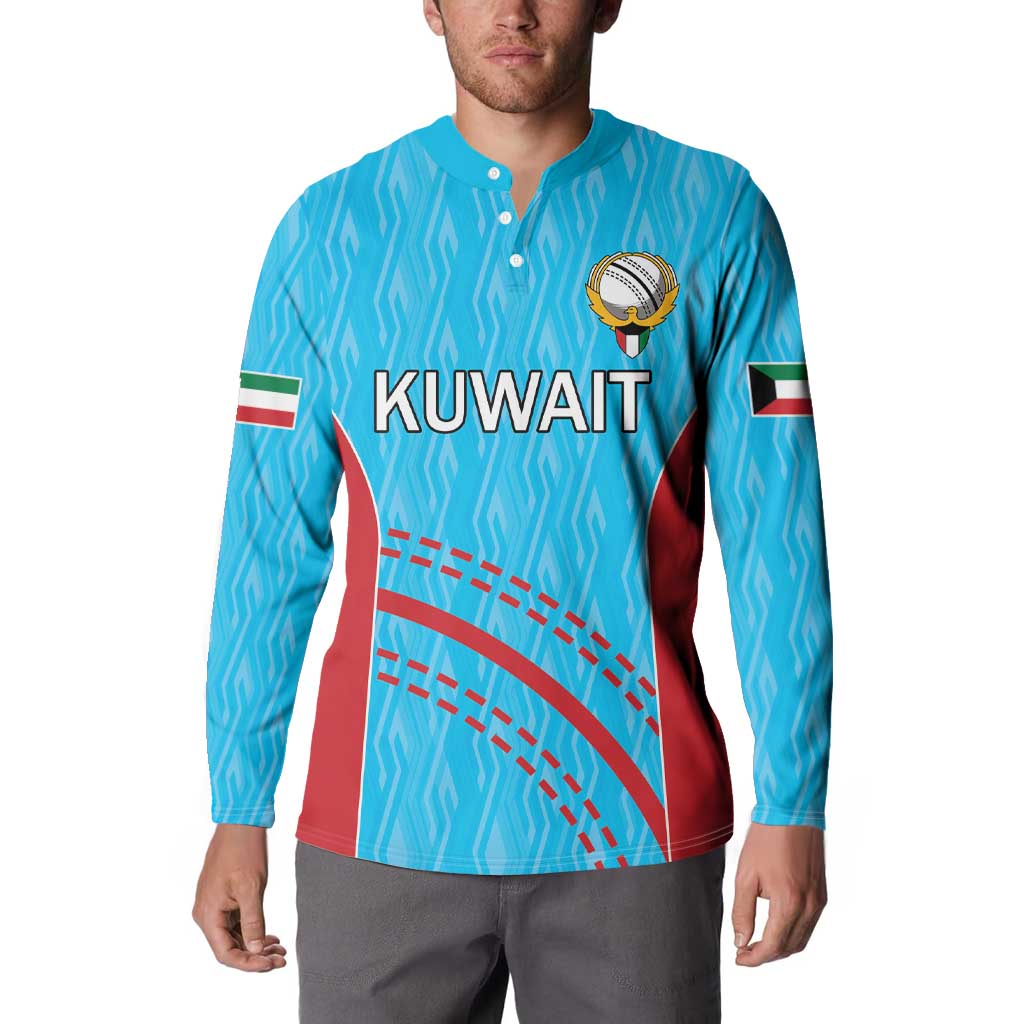 Blue button-front cricket sweatshirt with Kuwait front print, crest logo and flag stripe sleeves
