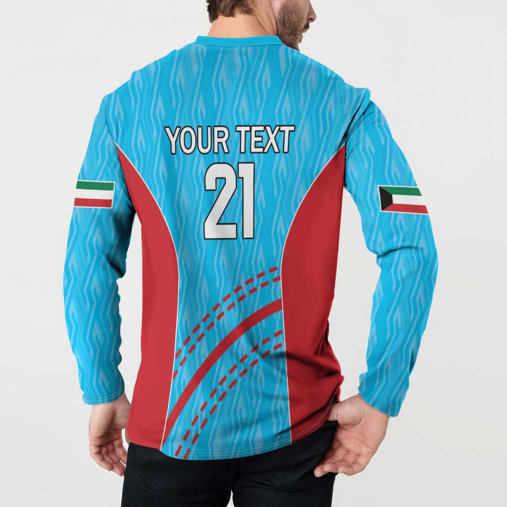 Blue button-front cricket sweatshirt back view with YOUR TEXT 21, red panel and curved lines