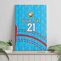 Blue cricket canvas wall art with custom text 21 and dotted red route lines