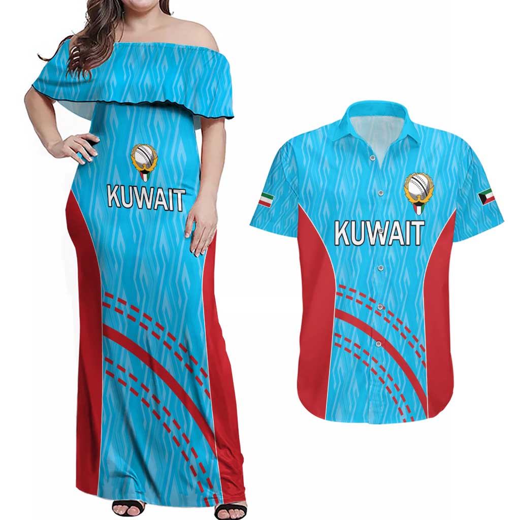 Custom Kuwait Cricket Couples Matching Off Shoulder Maxi Dress and Hawaiian Shirt Kuwayt Sporty Pattern LT9 - Wonder Print Shop