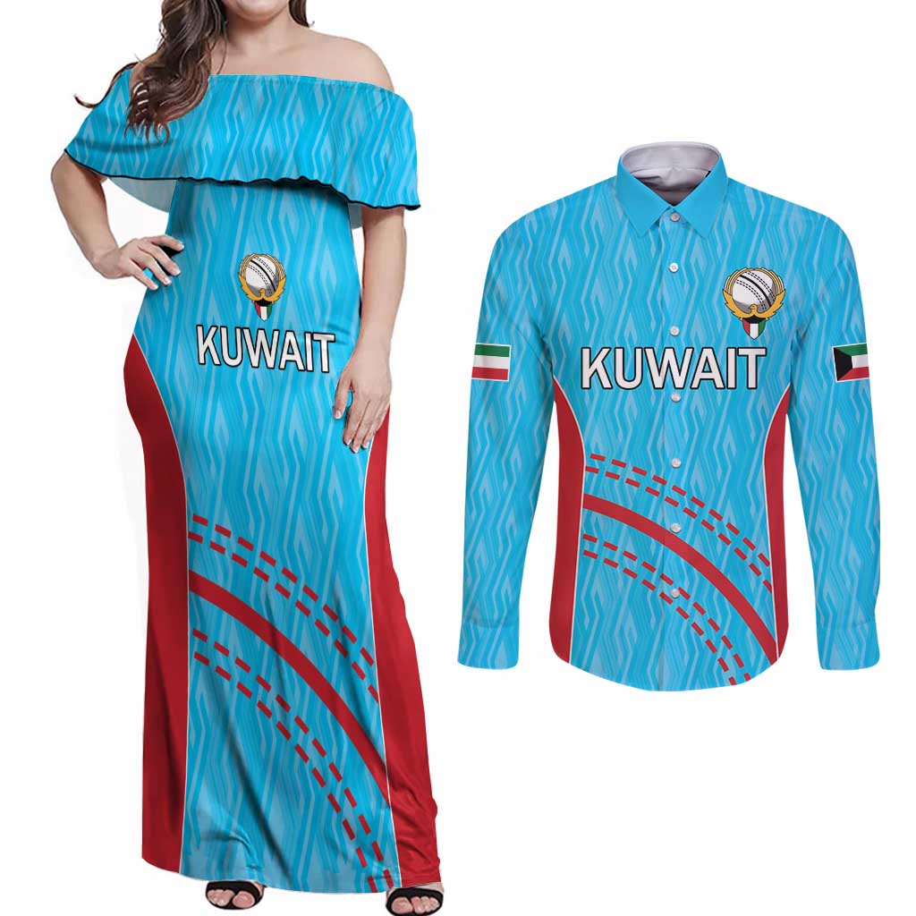 Custom Kuwait Cricket Couples Matching Off Shoulder Maxi Dress and Long Sleeve Button Shirt Kuwayt Sporty Pattern LT9 - Wonder Print Shop