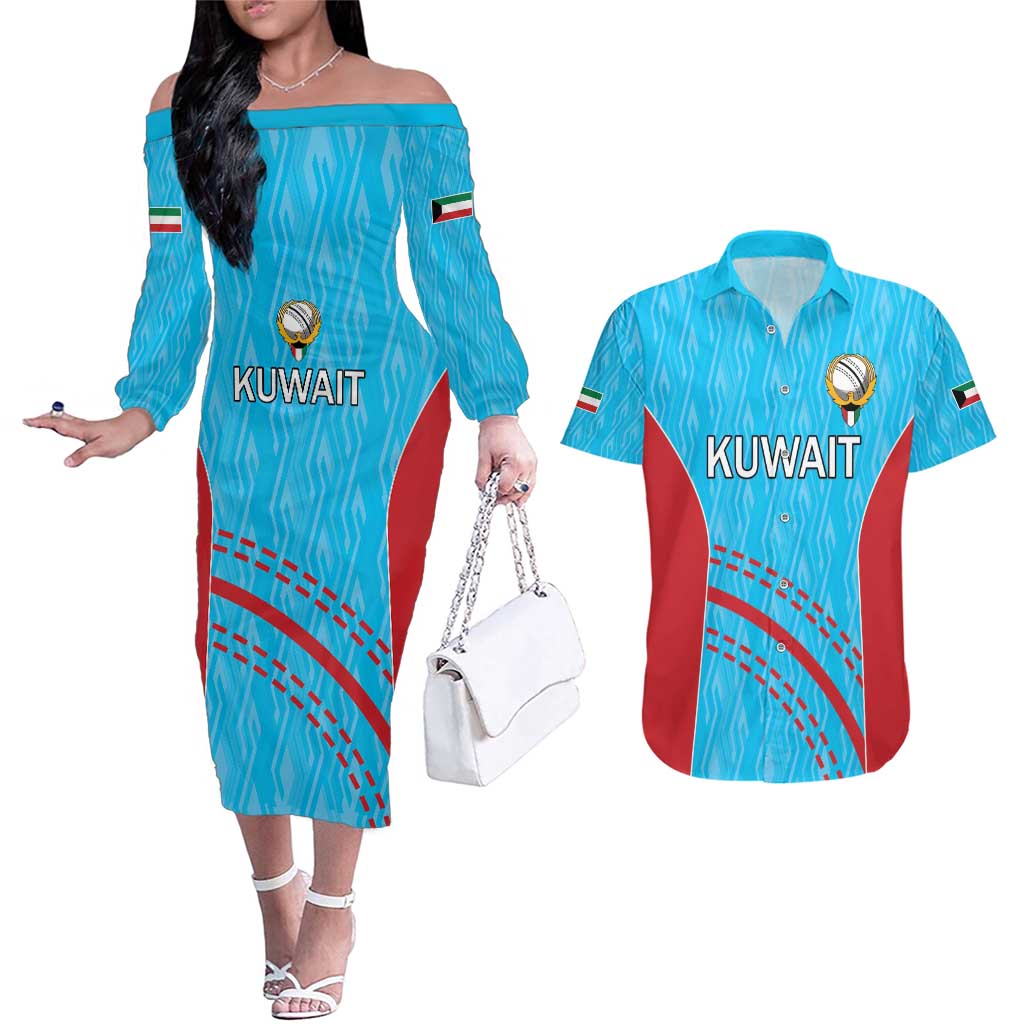 Custom Kuwait Cricket Couples Matching Off The Shoulder Long Sleeve Dress and Hawaiian Shirt Kuwayt Sporty Pattern LT9 - Wonder Print Shop