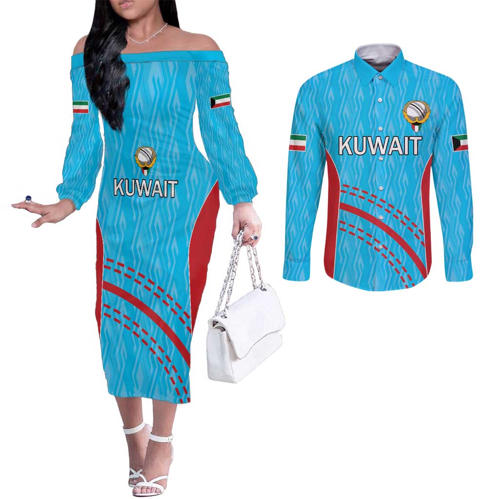 Custom Kuwait Cricket Couples Matching Off The Shoulder Long Sleeve Dress and Long Sleeve Button Shirt Kuwayt Sporty Pattern