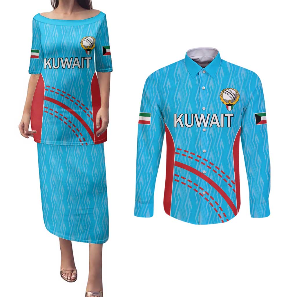 Custom Kuwait Cricket Couples Matching Puletasi and Long Sleeve Button Shirt Kuwayt Sporty Pattern LT9 - Wonder Print Shop