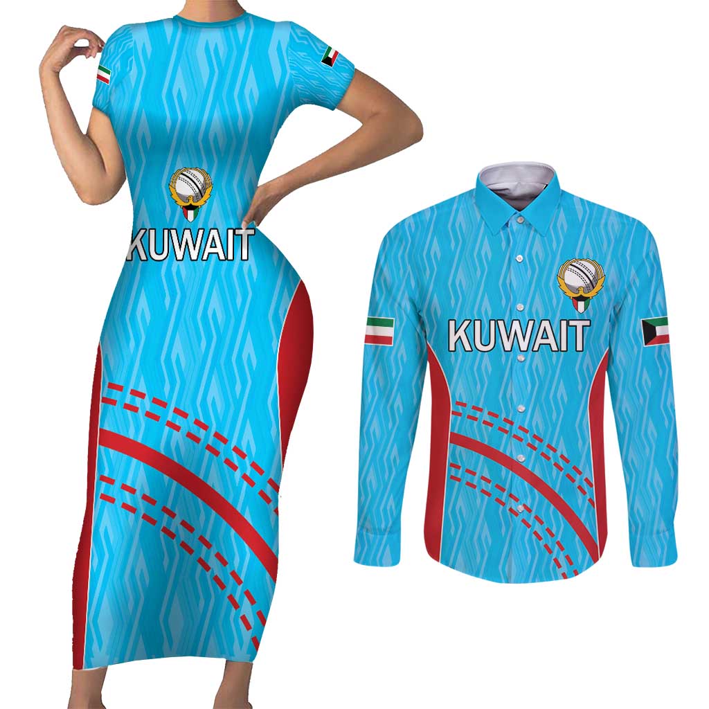 Custom Kuwait Cricket Couples Matching Short Sleeve Bodycon Dress and Long Sleeve Button Shirt Kuwayt Sporty Pattern LT9 - Wonder Print Shop