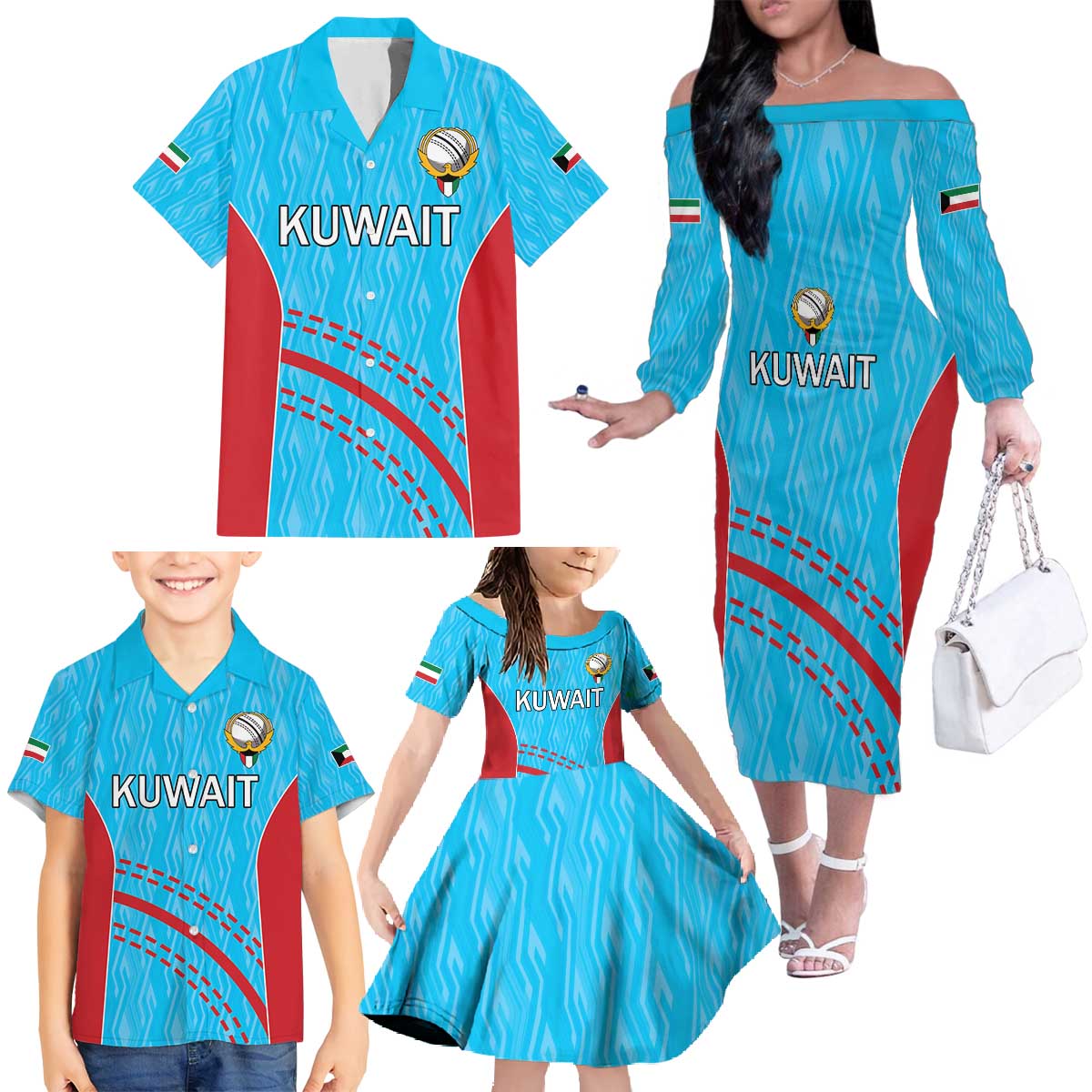 Custom Kuwait Cricket Family Matching Off The Shoulder Long Sleeve Dress and Hawaiian Shirt Kuwayt Sporty Pattern - Wonder Print Shop