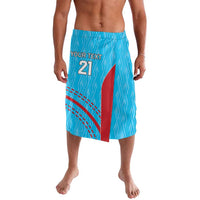 Men's blue patterned cricket shorts with elastic waist, drawstring, number 21 print