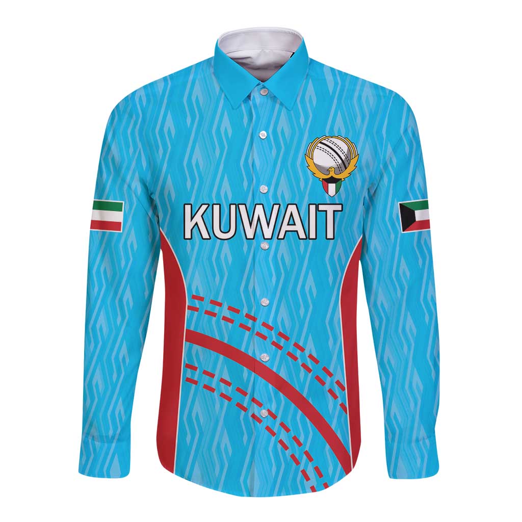 Blue cricket button-up shirt with KUWAIT text, crest badge, and side stripes
