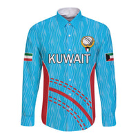 Blue cricket button-up shirt with KUWAIT text, crest badge, and side stripes