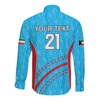 Blue cricket button-up shirt back with YOUR TEXT 21 and Kuwait flag sleeve patches