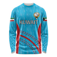 Blue long-sleeve cricket shirt with KUWAIT print, crest logo, red curve design