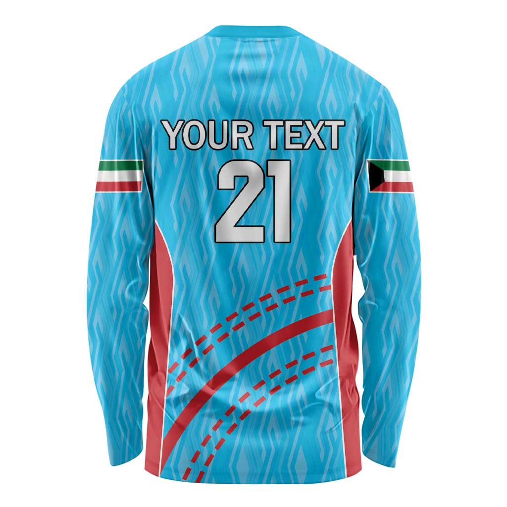 Blue long-sleeve cricket shirt back with YOUR TEXT and 21, red curve accents