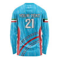 Blue long-sleeve cricket shirt back with YOUR TEXT and 21, red curve accents