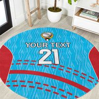 Round blue cricket carpet with red edges, cricket emblem, and 'Your text 21' print
