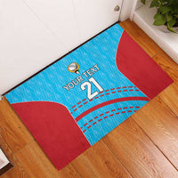 Custom rubber cricket doormat with blue background, red corner panels, 'Your Text 21' and ball