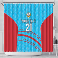 Blue cricket shower curtain with red side panels, central emblem, and 'YOUR TEXT 21' print
