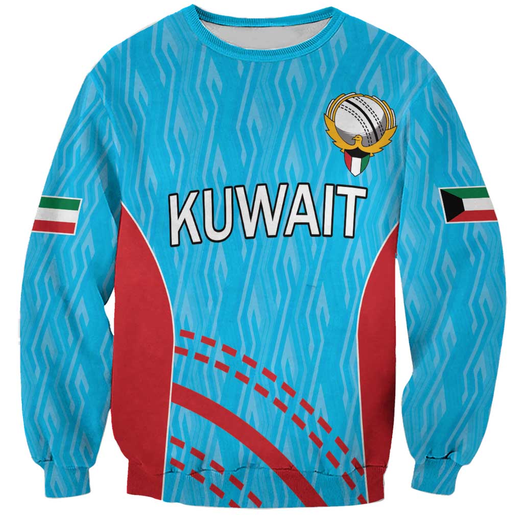 Unisex blue cricket sweatshirt with Kuwait graphic, logo patch and flag sleeve stripes