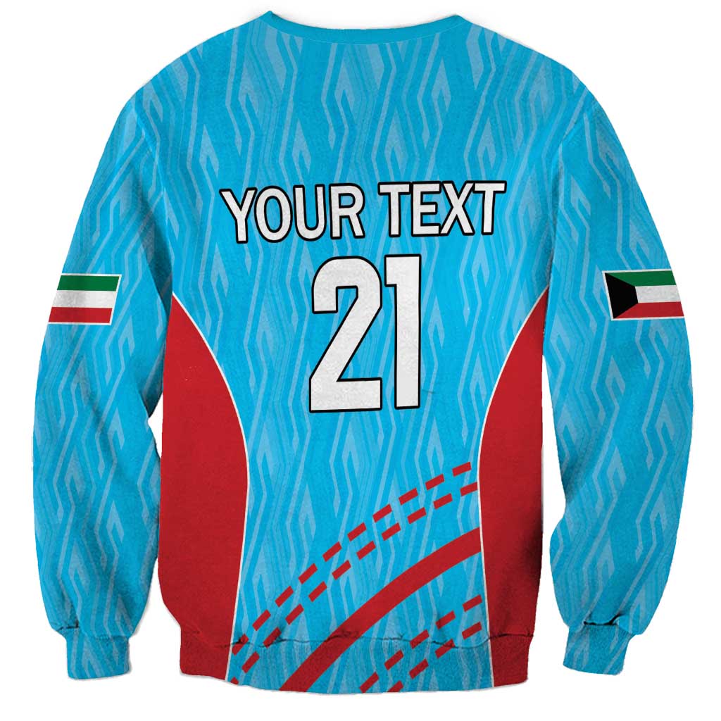 Unisex blue cricket sweatshirt back with YOUR TEXT 21 print and flag sleeve stripes