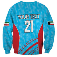Unisex blue cricket sweatshirt back with YOUR TEXT 21 print and flag sleeve stripes
