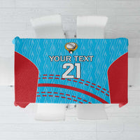 Blue cricket tablecloth with red sides, sporty pattern and editable text panel with 21
