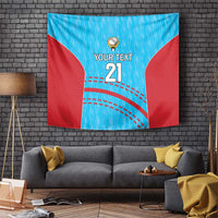 Cricket wall tapestry, blue with red curves, ball icon, 'YOUR TEXT' and '21'