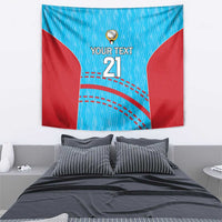 Cricket wall tapestry, blue geometric pattern with red side panels, 'YOUR TEXT' and '21'