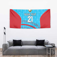 Cricket wall tapestry, showing 'YOUR TEXT' and '21' with blue and red panels