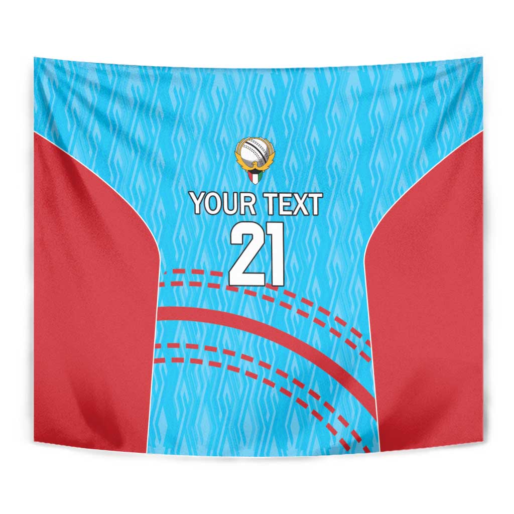 Cricket wall tapestry close-up: 'YOUR TEXT' and '21' on blue pattern with red curves