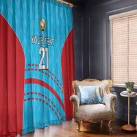 Blue and red cricket-themed window curtain panels with custom text and number 2