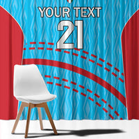 Close-up of blue cricket-themed window curtain with red accents and custom text 21